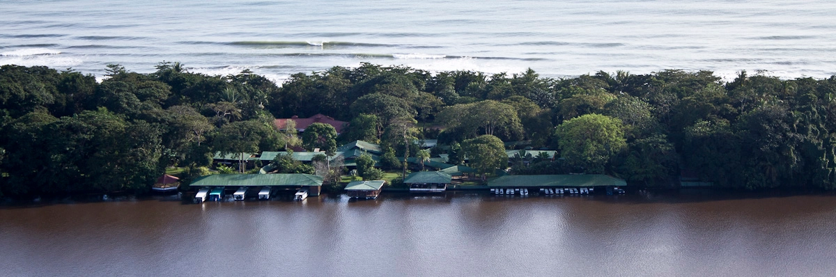 Panoramic aerial of Mawamba Lodge along the Tortuguero canals